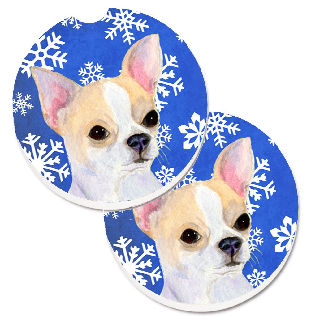 Chihuahua Winter Snowflakes Holiday Set of 2 Cup Holder Car Coasters SS4612CARC by Caroline&#39;s Treasures