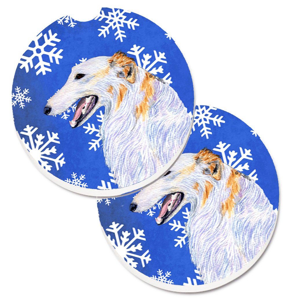 Borzoi Winter Snowflakes Holiday Set of 2 Cup Holder Car Coasters SS4613CARC by Caroline&#39;s Treasures