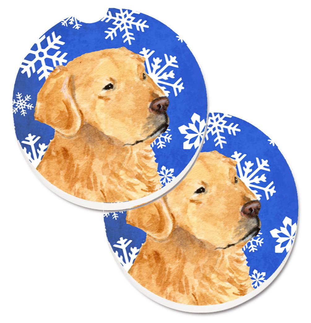 Golden Retriever Winter Snowflakes Holiday Set of 2 Cup Holder Car Coasters SS4614CARC by Caroline&#39;s Treasures