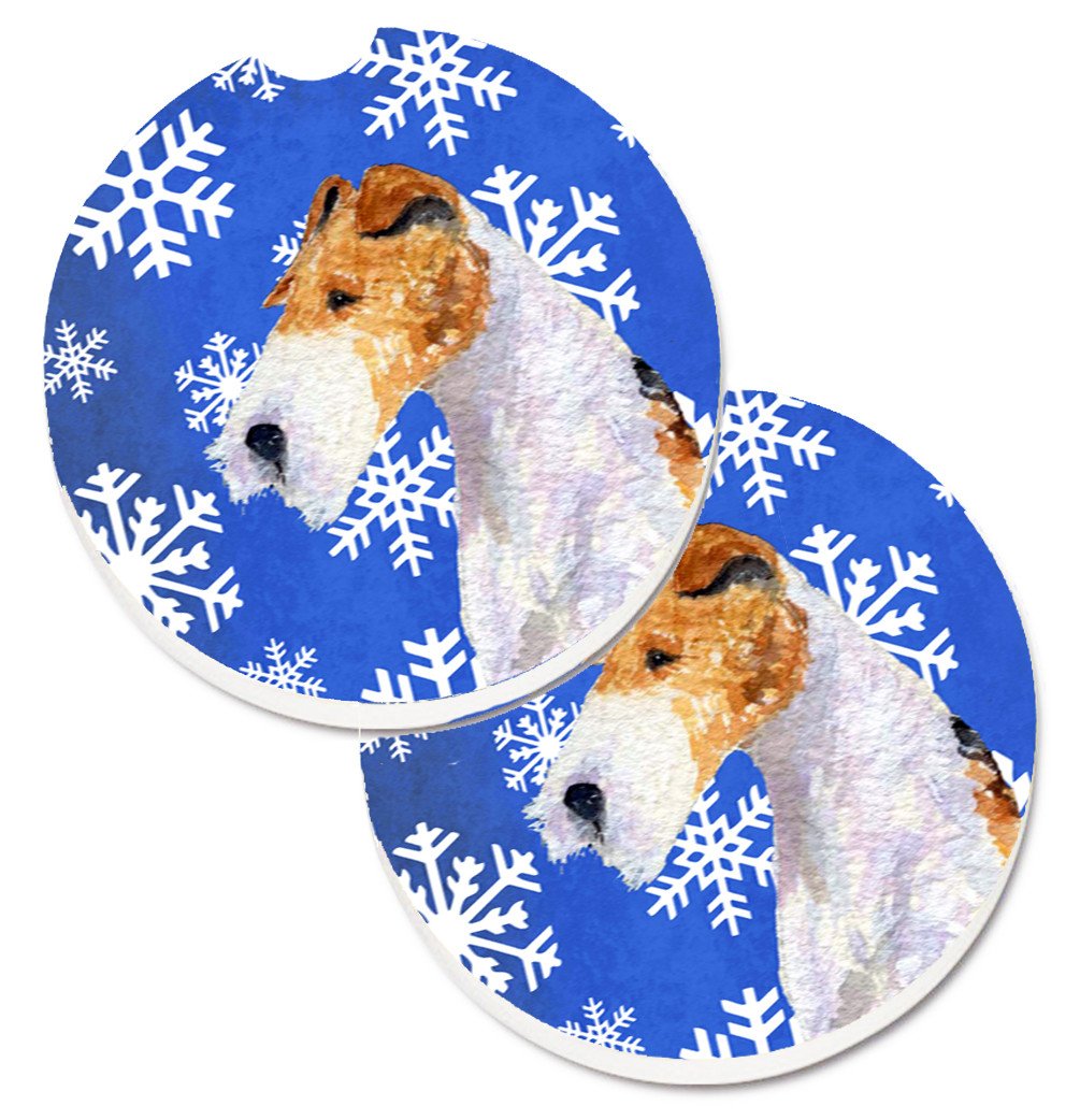 Fox Terrier Winter Snowflakes Holiday Set of 2 Cup Holder Car Coasters SS4616CARC by Caroline&#39;s Treasures