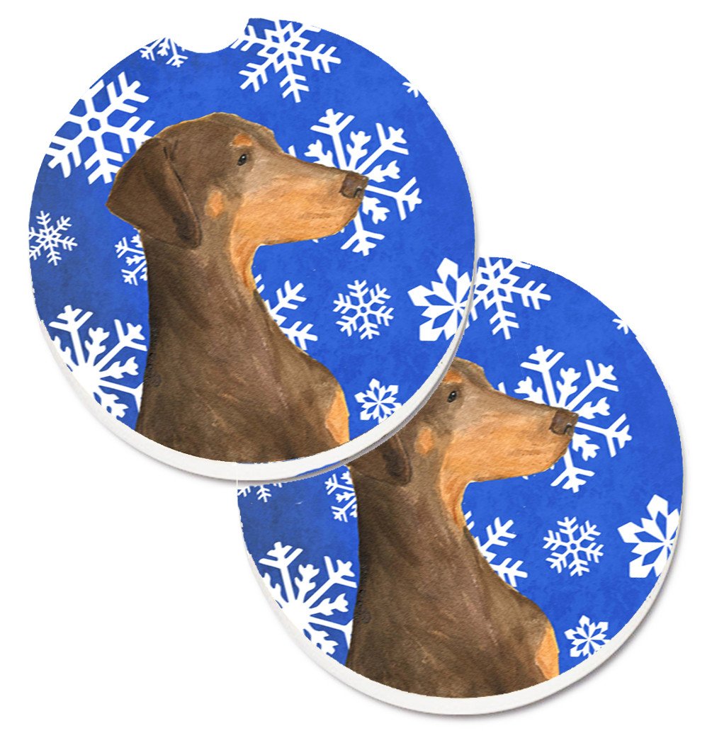 Doberman Winter Snowflakes Holiday Set of 2 Cup Holder Car Coasters SS4617CARC by Caroline&#39;s Treasures
