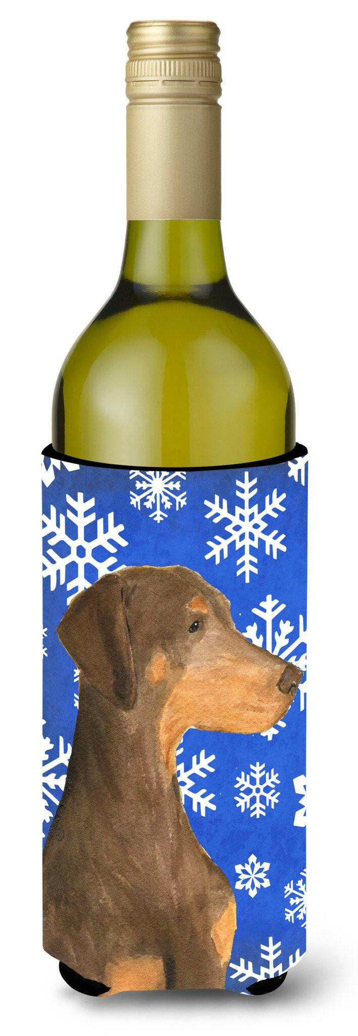 Doberman Winter Snowflakes Holiday Wine Bottle Beverage Insulator Beverage Insulator Hugger SS4617LITERK by Caroline&#39;s Treasures