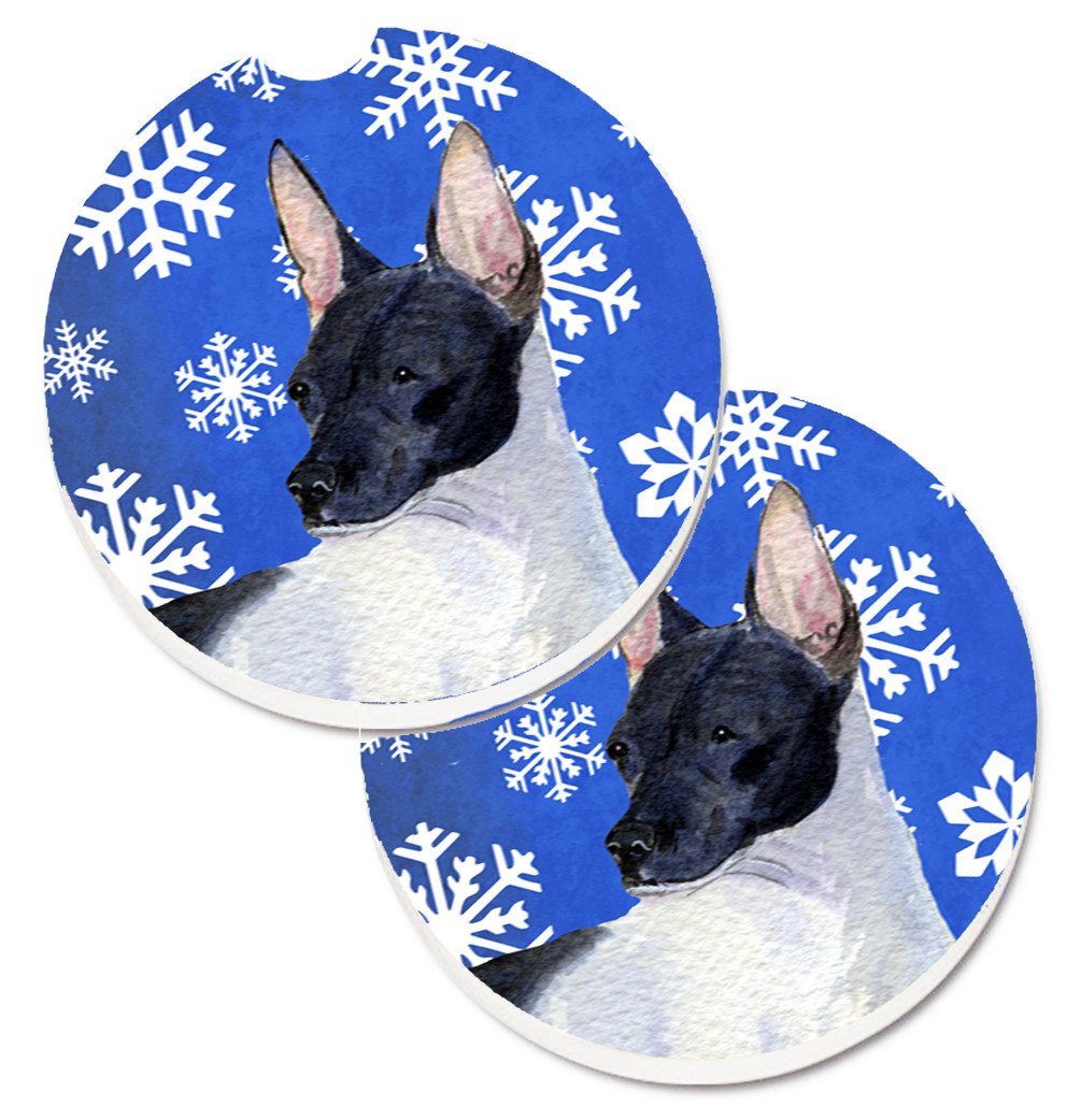 Rat Terrier Winter Snowflakes Holiday Set of 2 Cup Holder Car Coasters SS4618CARC by Caroline&#39;s Treasures
