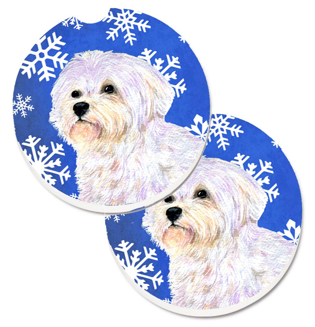Maltese Winter Snowflakes Holiday Set of 2 Cup Holder Car Coasters SS4619CARC by Caroline&#39;s Treasures