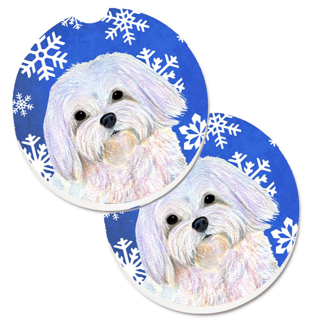 Maltese Winter Snowflakes Holiday Set of 2 Cup Holder Car Coasters SS4620CARC by Caroline&#39;s Treasures