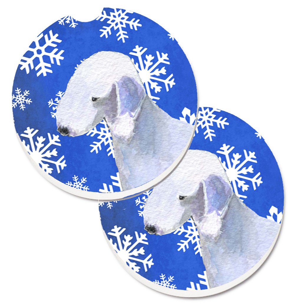 Bedlington Terrier Winter Snowflakes Holiday Set of 2 Cup Holder Car Coasters SS4621CARC by Caroline&#39;s Treasures