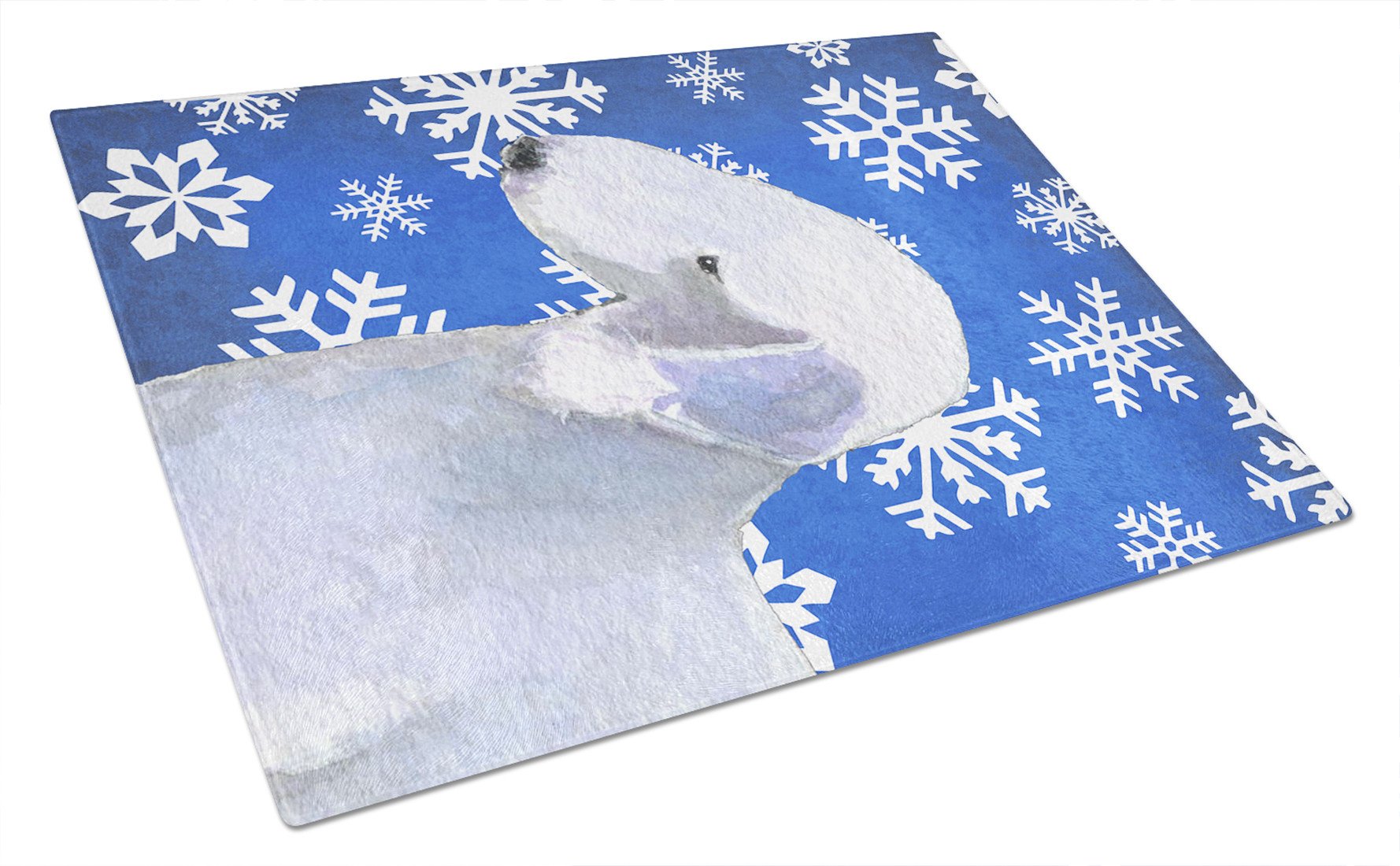 Bedlington Terrier Winter Snowflakes Holiday Glass Cutting Board Large by Caroline's Treasures