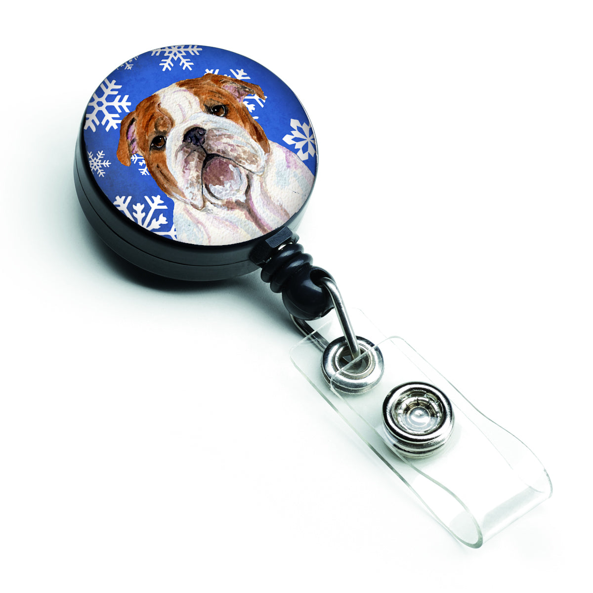 Bulldog English Winter Snowflakes Holiday Retractable Badge Reel SS4622BR