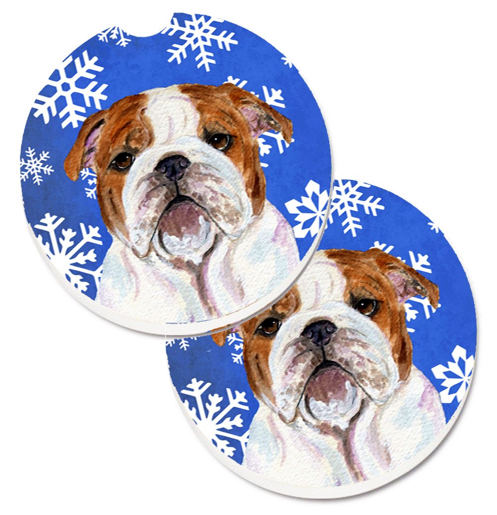 Bulldog English Winter Snowflakes Holiday Set of 2 Cup Holder Car Coasters SS4622CARC by Caroline&#39;s Treasures