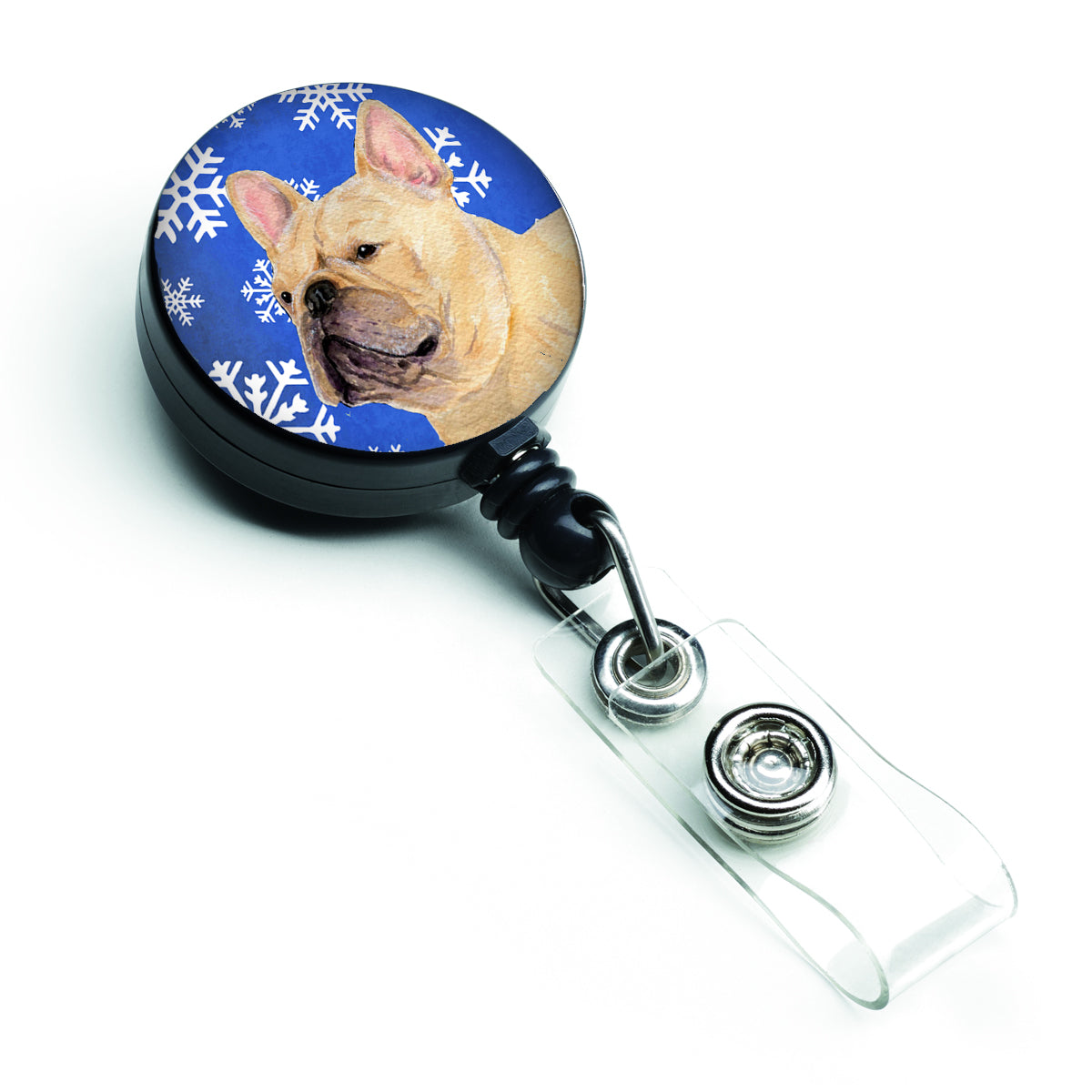 French Bulldog Winter Snowflakes Holiday Retractable Badge Reel SS4623BR  the-store.com.