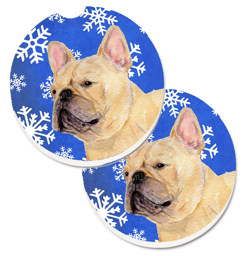French Bulldog Winter Snowflakes Holiday Set of 2 Cup Holder Car Coasters SS4623CARC by Caroline&#39;s Treasures