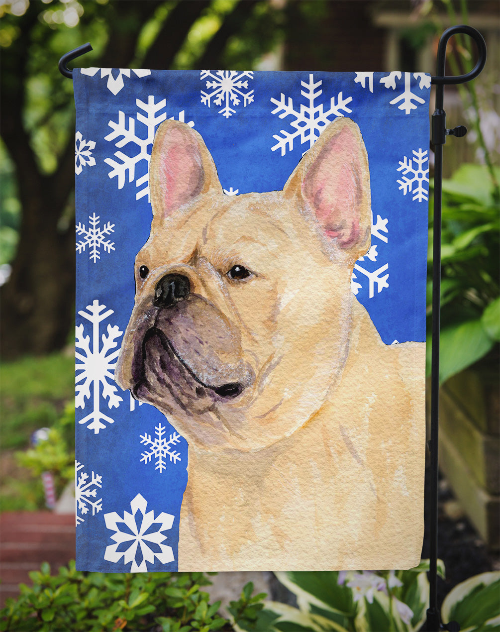 French Bulldog Winter Snowflakes Holiday Flag Garden Size