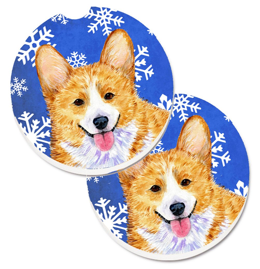 Corgi Winter Snowflakes Holiday Set of 2 Cup Holder Car Coasters SS4624CARC by Caroline&#39;s Treasures