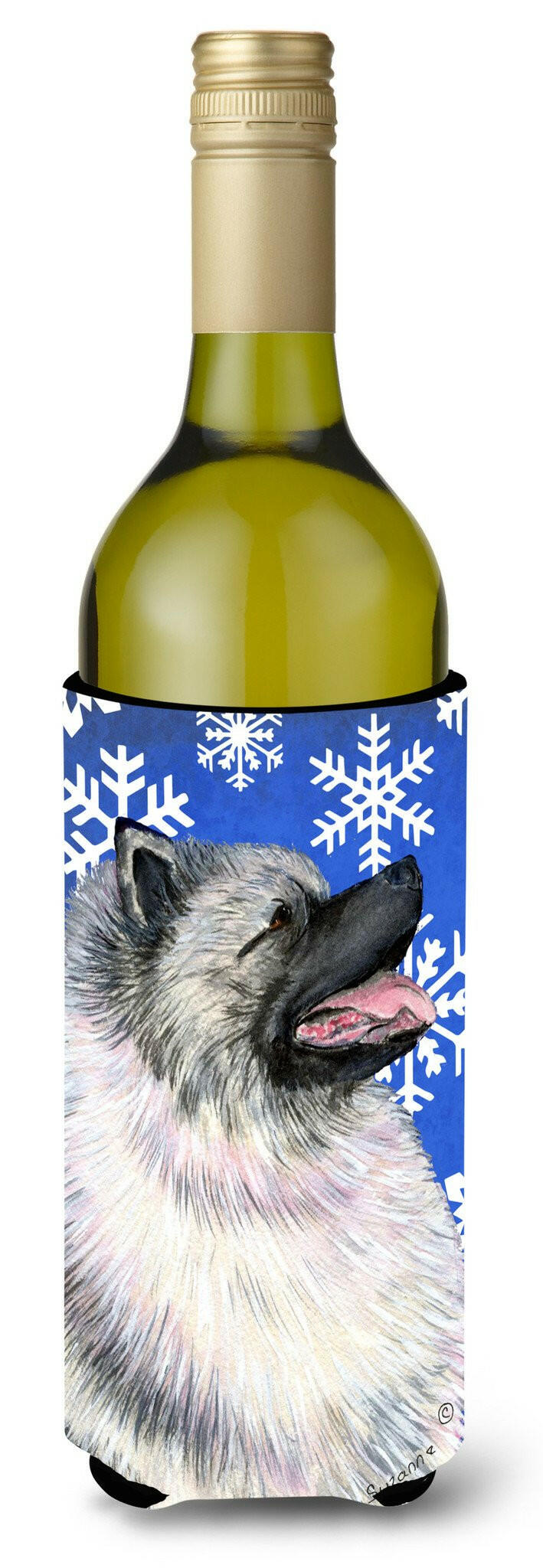 Keeshond Winter Snowflakes Holiday Wine Bottle Beverage Insulator Beverage Insulator Hugger by Caroline&#39;s Treasures