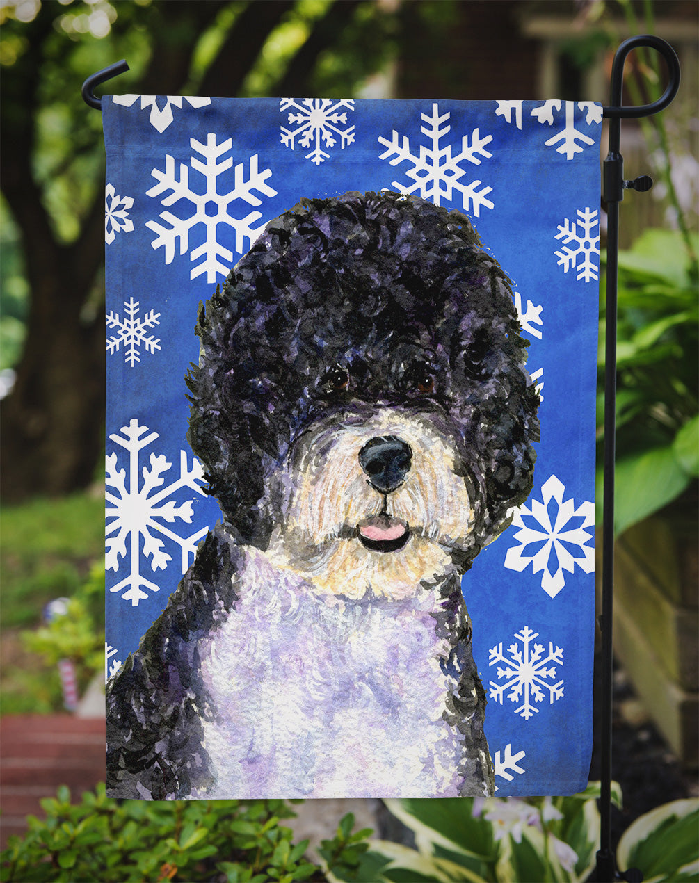 Portuguese Water Dog Winter Snowflakes Holiday Flag Garden Size.