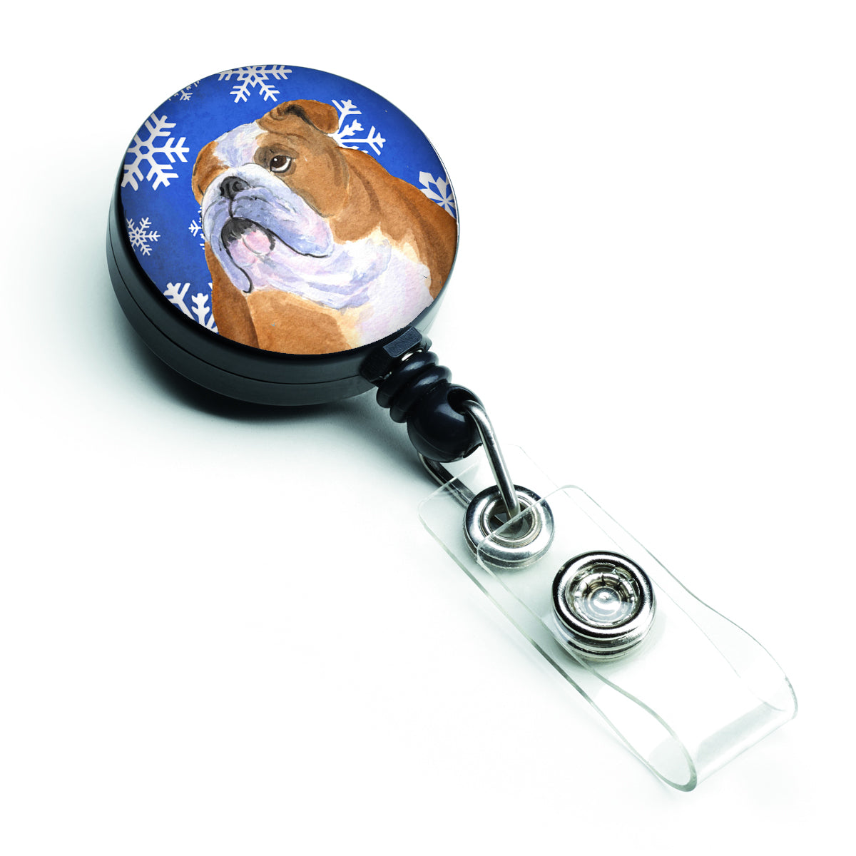 Bulldog English Winter Snowflakes Holiday Retractable Badge Reel SS4629BR
