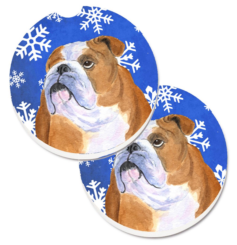 Bulldog English Winter Snowflakes Holiday Set of 2 Cup Holder Car Coasters SS4629CARC by Caroline&#39;s Treasures