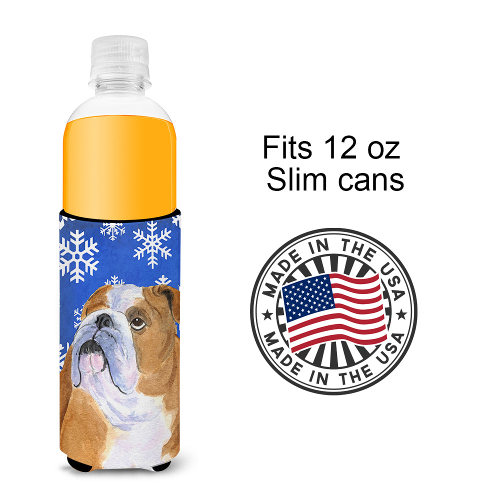 Bulldog English Winter Snowflakes Holiday Ultra Beverage Insulators for slim cans SS4629MUK.