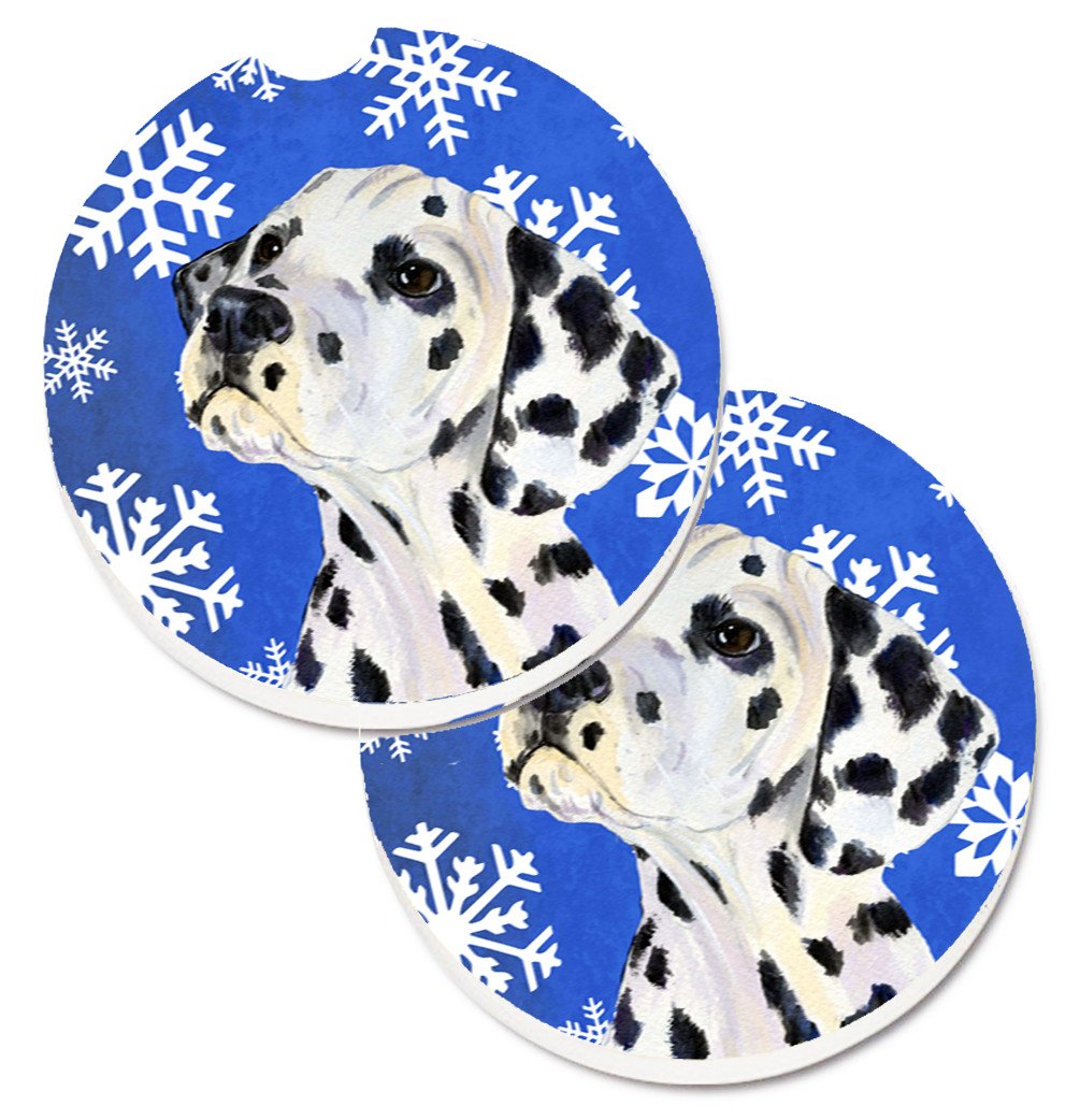 Dalmatian Winter Snowflakes Holiday Set of 2 Cup Holder Car Coasters SS4630CARC by Caroline&#39;s Treasures