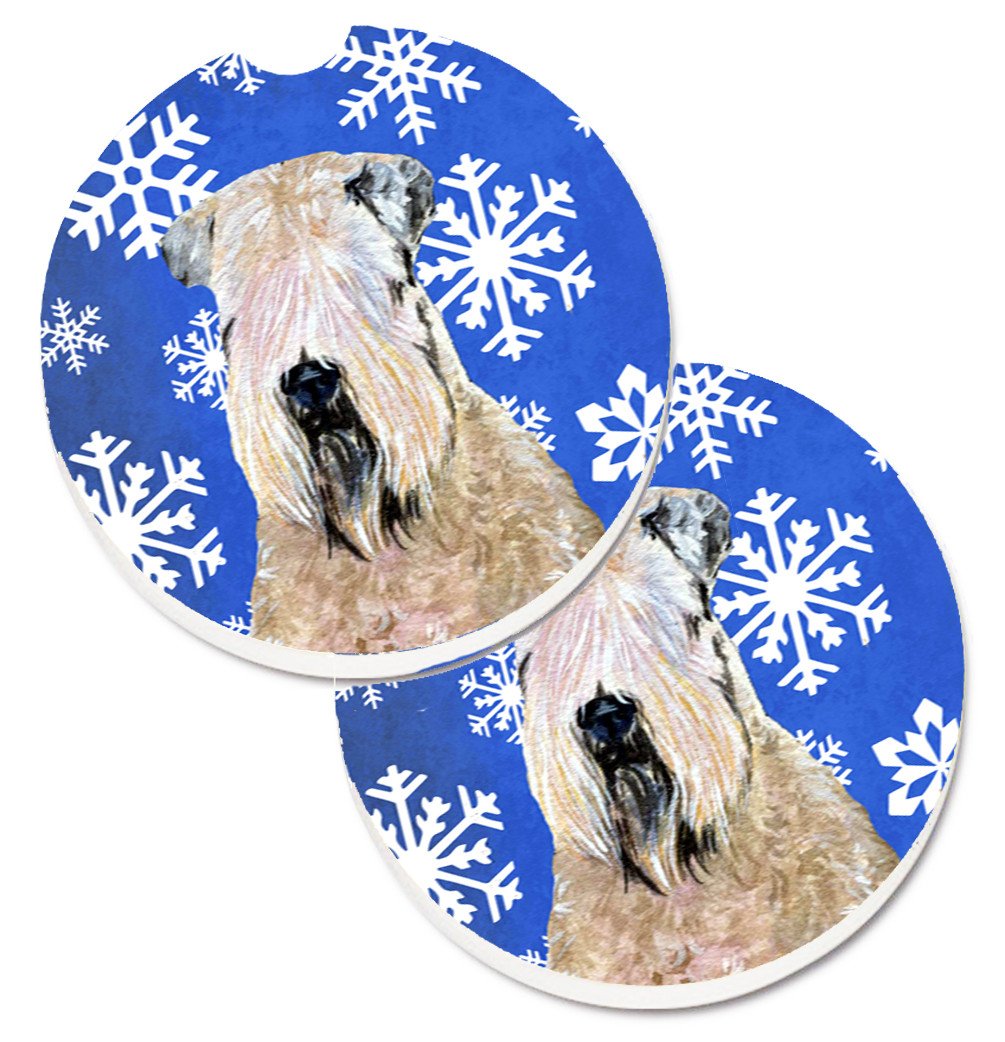 Wheaten Terrier Soft Coated Winter Snowflakes Holiday Set of 2 Cup Holder Car Coasters SS4631CARC by Caroline&#39;s Treasures