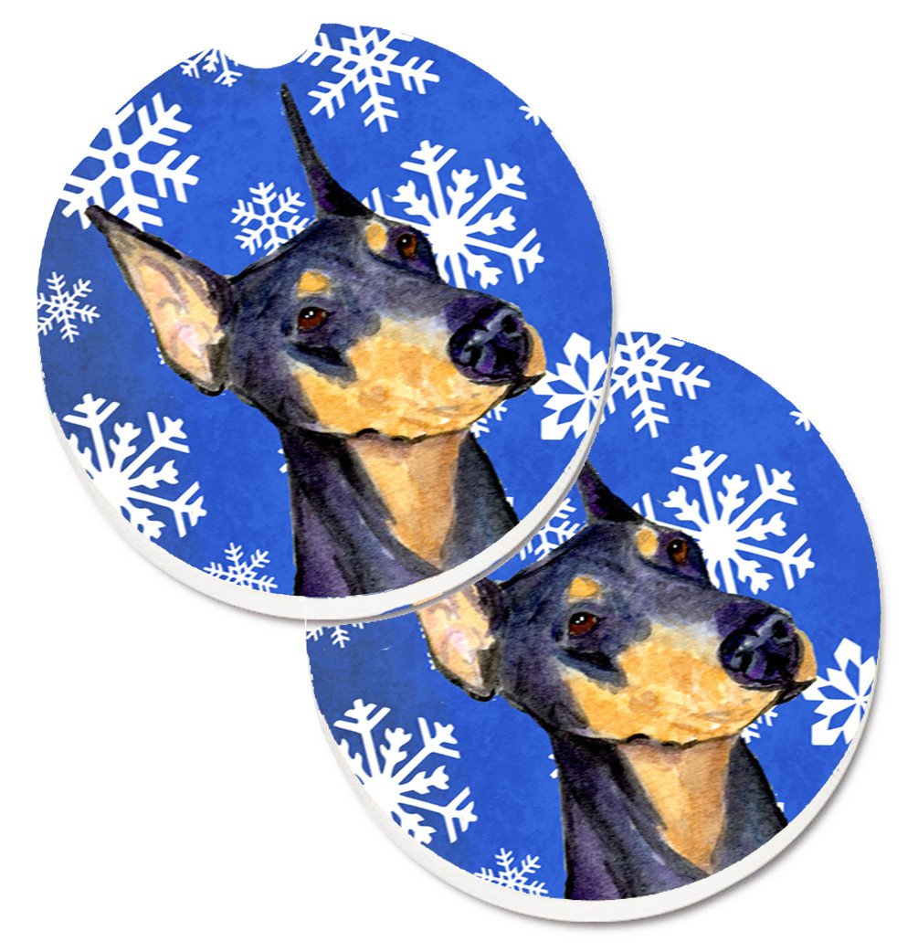 Doberman Winter Snowflakes Holiday Set of 2 Cup Holder Car Coasters SS4633CARC by Caroline&#39;s Treasures