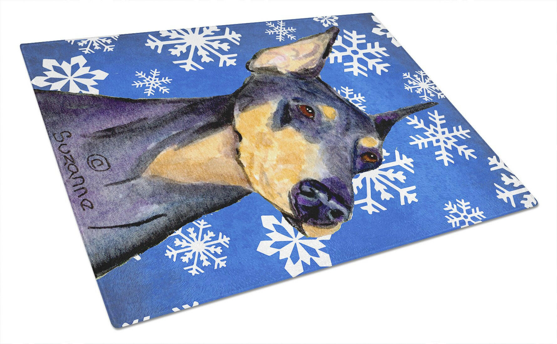 Doberman Winter Snowflakes Holiday Glass Cutting Board Large by Caroline's Treasures