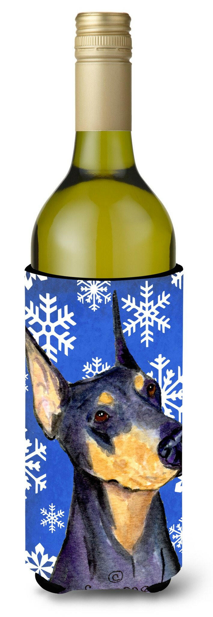 Doberman Winter Snowflakes Holiday Wine Bottle Beverage Insulator Beverage Insulator Hugger SS4633LITERK by Caroline&#39;s Treasures