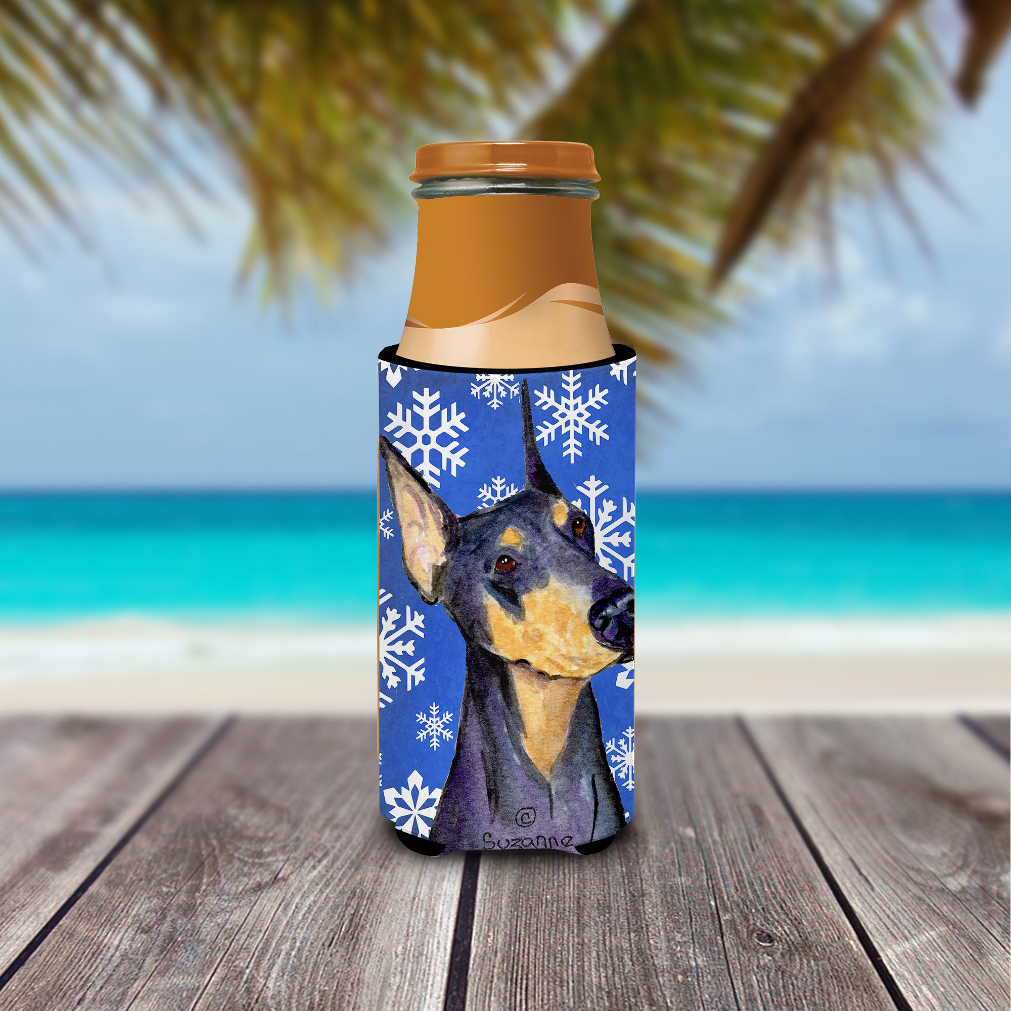 Doberman Winter Snowflakes Holiday Ultra Beverage Insulators for slim cans SS4633MUK.
