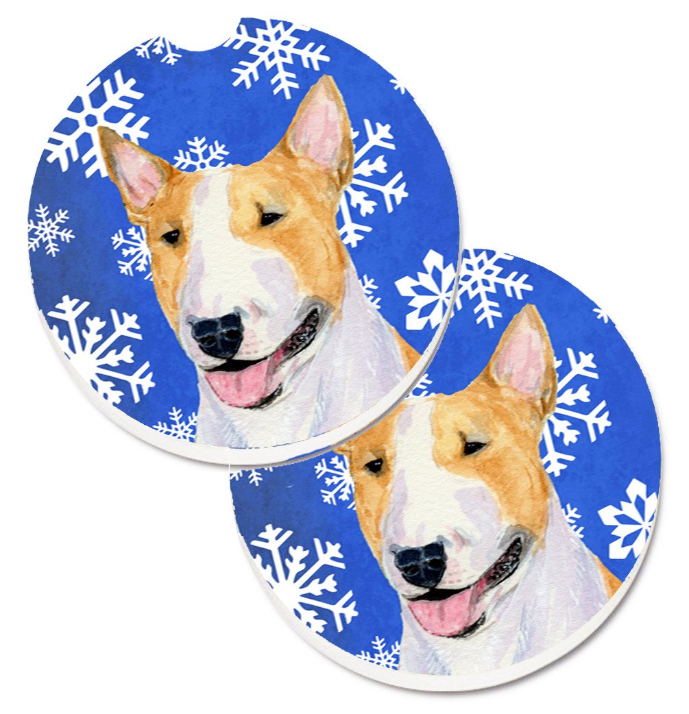 Bull Terrier Winter Snowflakes Holiday Set of 2 Cup Holder Car Coasters SS4634CARC by Caroline&#39;s Treasures
