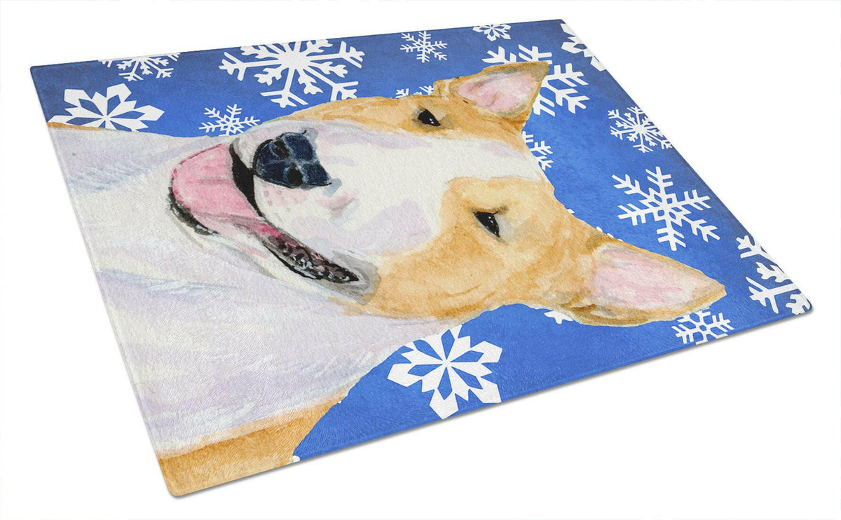Bull Terrier Winter Snowflakes Holiday Glass Cutting Board Large by Caroline&#39;s Treasures