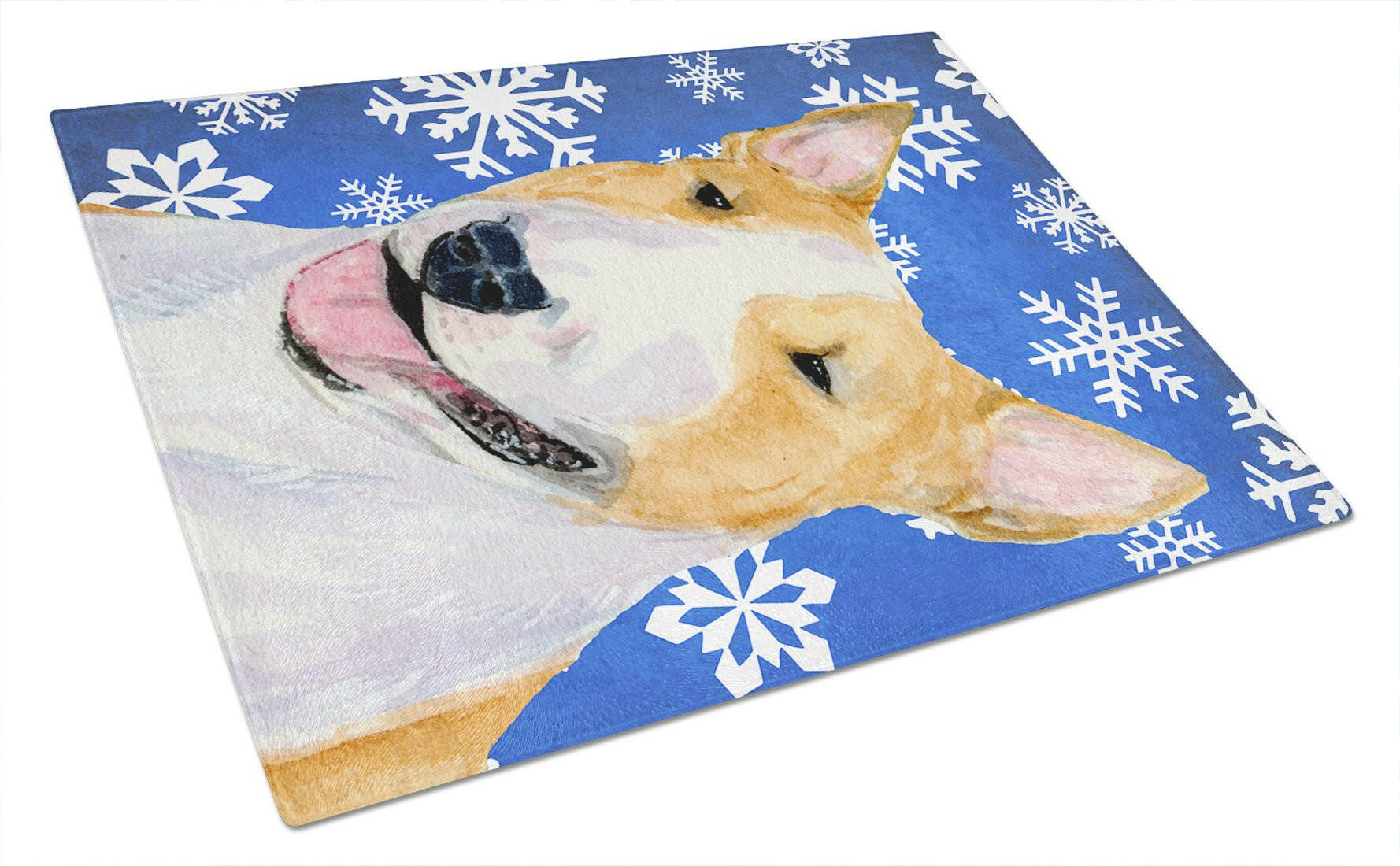 Bull Terrier Winter Snowflakes Holiday Glass Cutting Board Large by Caroline's Treasures