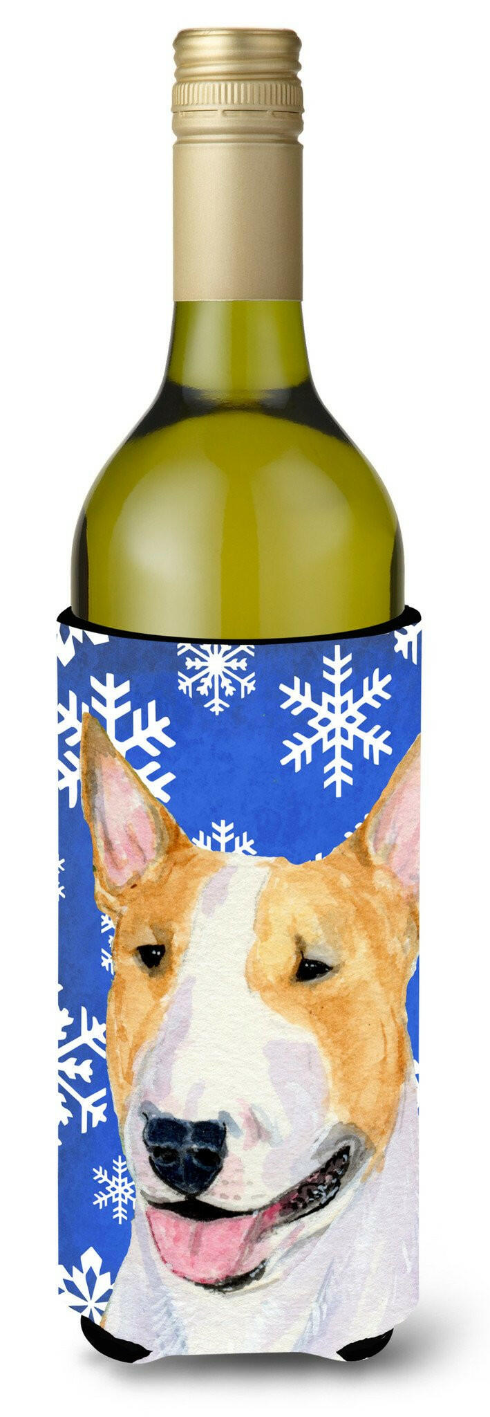 Bull Terrier Winter Snowflakes Holiday Wine Bottle Beverage Insulator Beverage Insulator Hugger by Caroline&#39;s Treasures