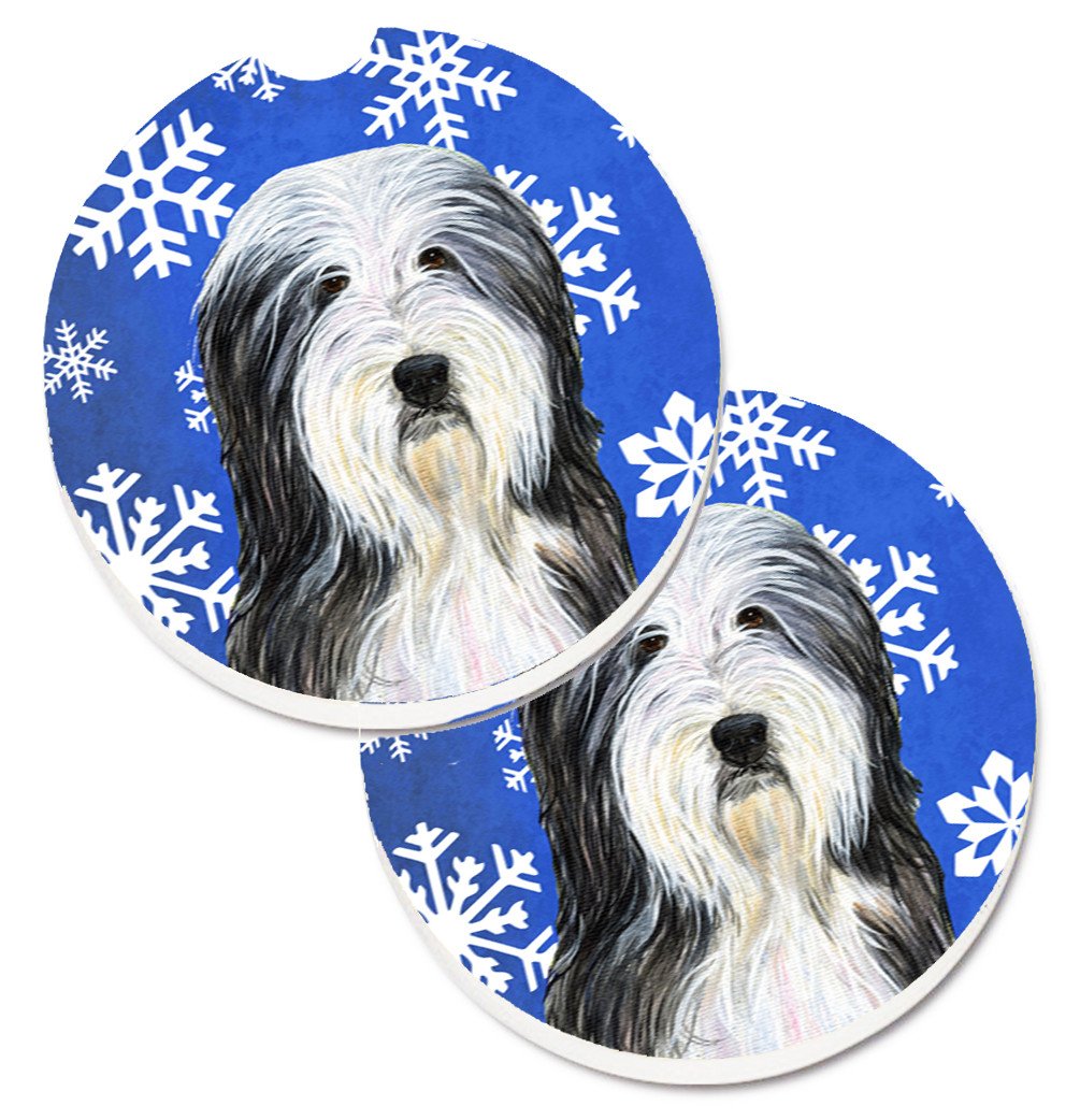 Bearded Collie Winter Snowflakes Holiday Set of 2 Cup Holder Car Coasters SS4635CARC by Caroline&#39;s Treasures