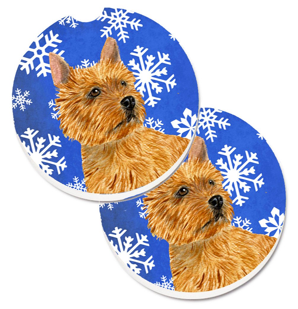 Norwich Terrier Winter Snowflakes Holiday Set of 2 Cup Holder Car Coasters SS4637CARC by Caroline&#39;s Treasures