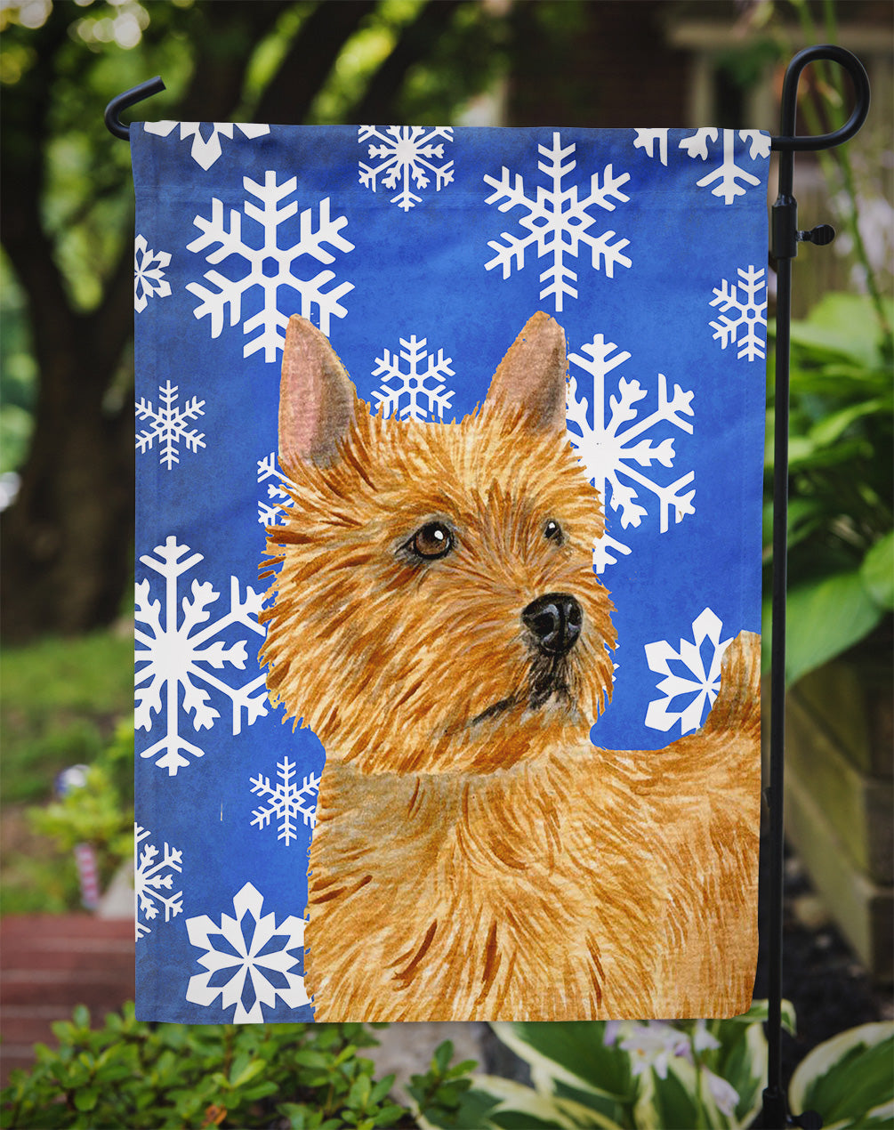 Norwich Terrier Winter Snowflakes Holiday Flag Garden Size.
