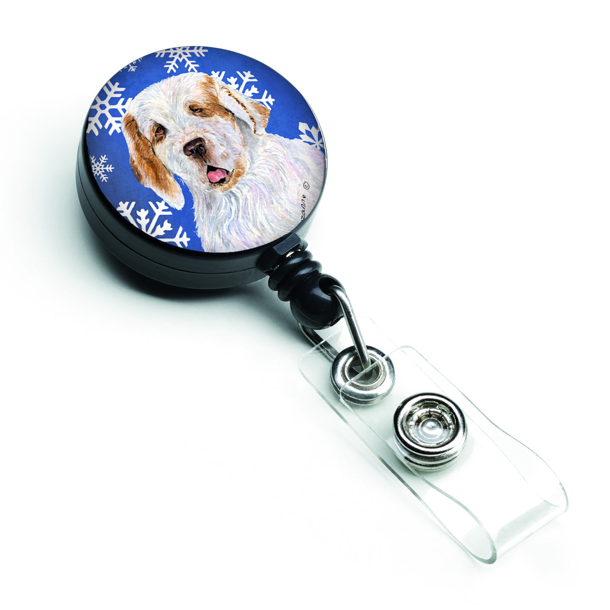 Clumber Spaniel Winter Snowflakes Holiday Retractable Badge Reel SS4638BR