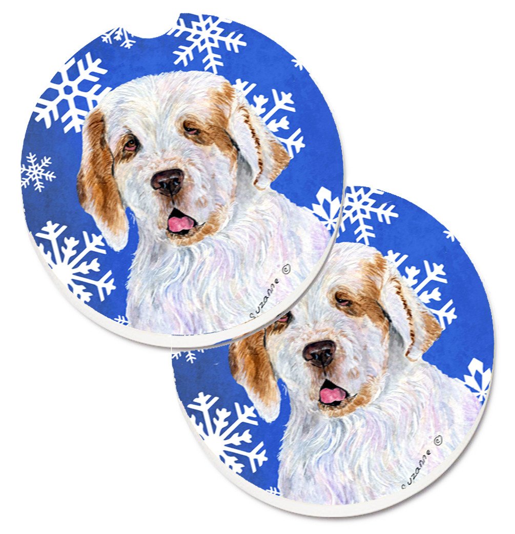 Clumber Spaniel Winter Snowflakes Holiday Set of 2 Cup Holder Car Coasters SS4638CARC by Caroline&#39;s Treasures