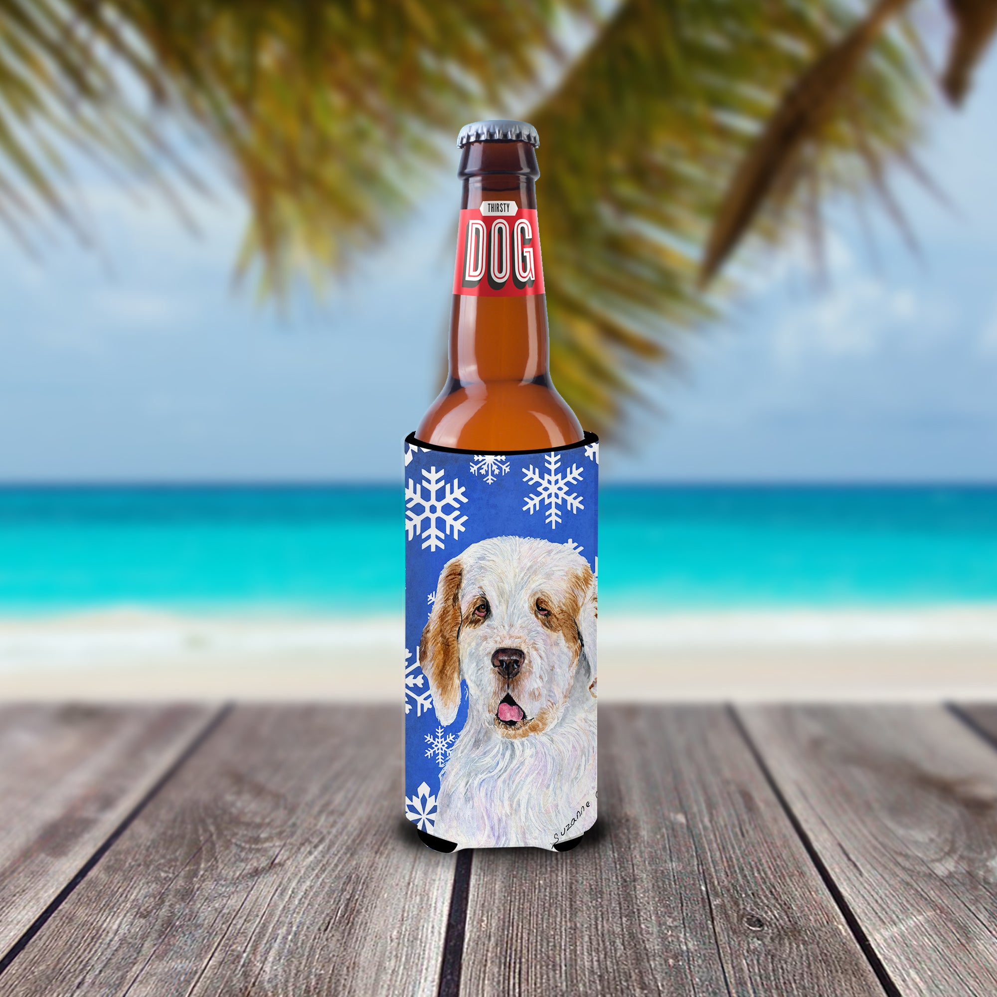 Clumber Spaniel Winter Snowflakes Holiday Ultra Beverage Insulators for slim cans SS4638MUK.