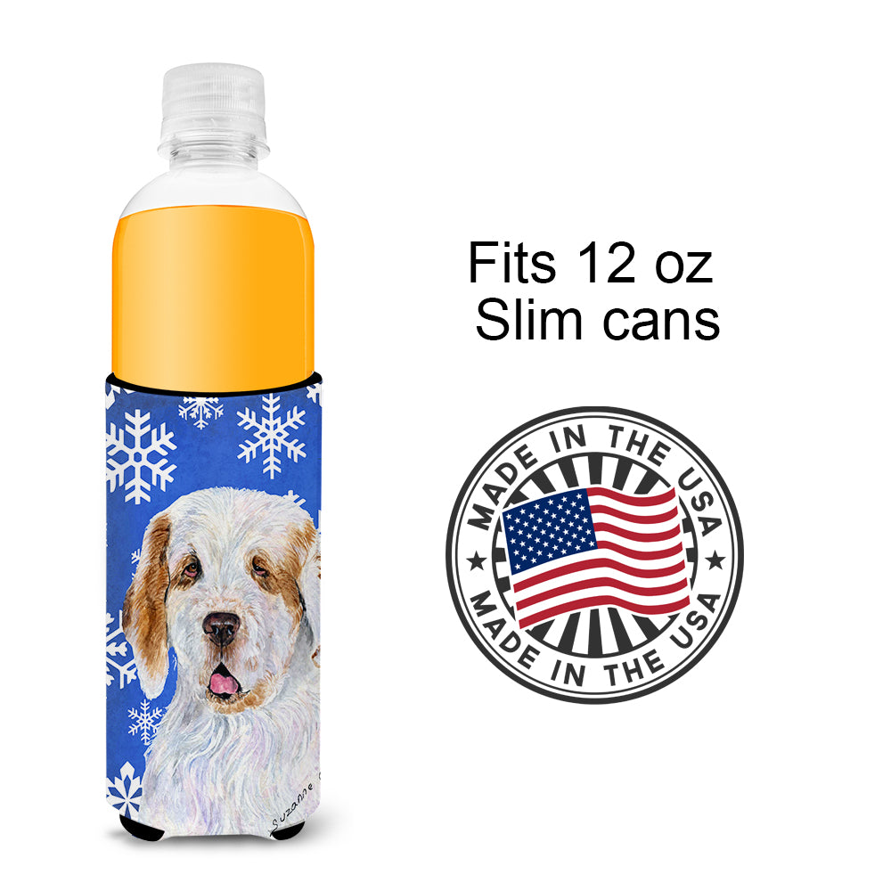 Clumber Spaniel Winter Snowflakes Holiday Ultra Beverage Insulators for slim cans SS4638MUK.