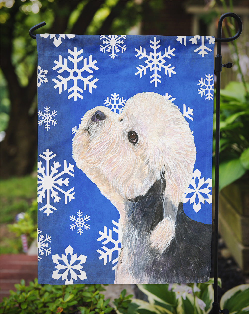 Dandie Dinmont Terrier Winter Snowflakes Holiday Flag Garden Size.