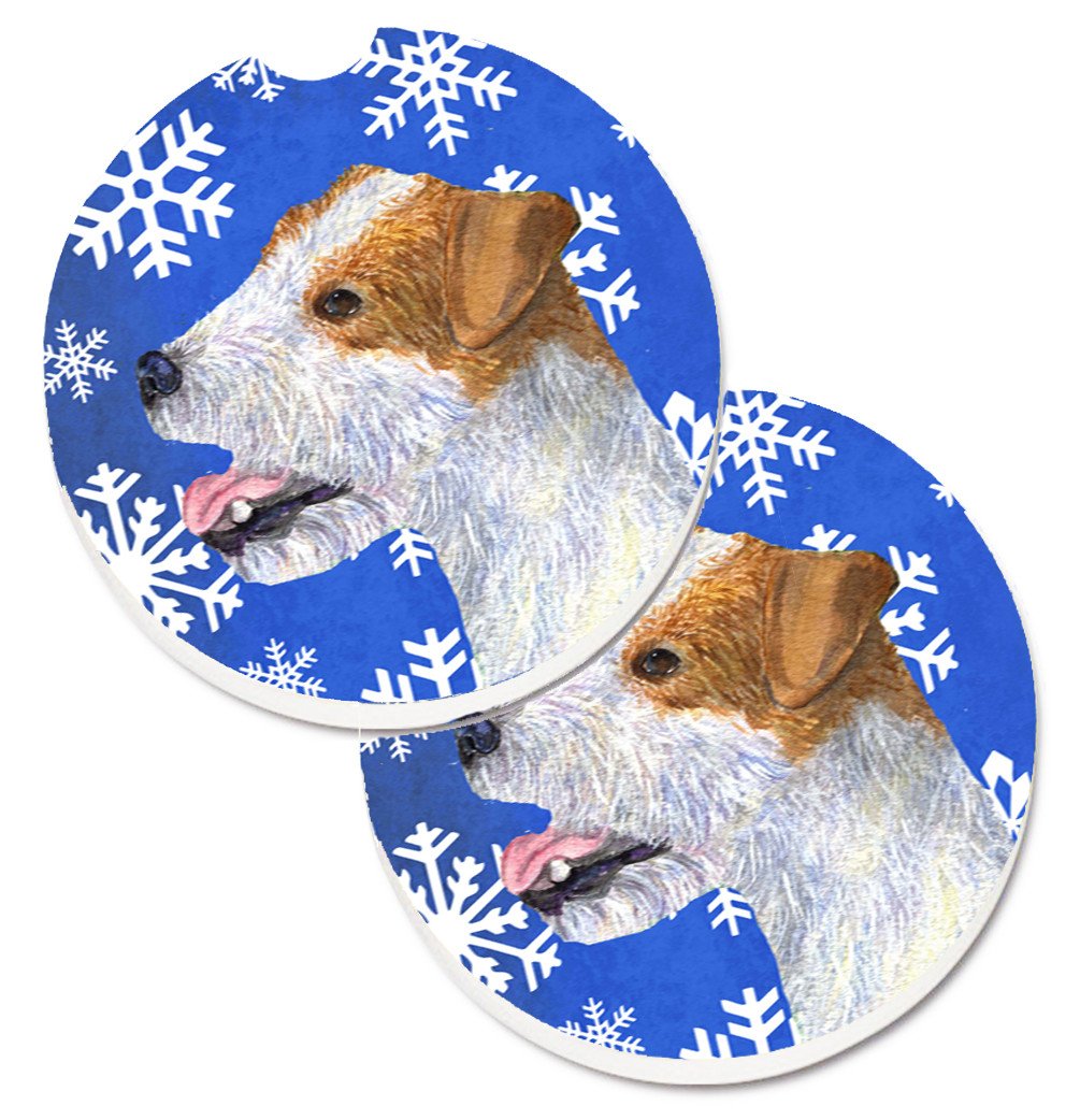 Jack Russell Terrier Winter Snowflakes Holiday Set of 2 Cup Holder Car Coasters SS4642CARC by Caroline&#39;s Treasures