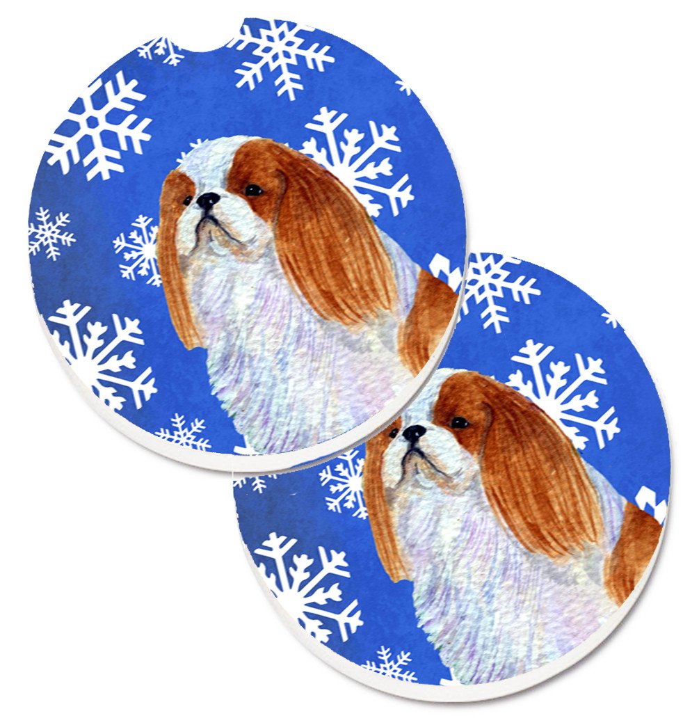 English Toy Spaniel Winter Snowflakes Holiday Set of 2 Cup Holder Car Coasters SS4645CARC by Caroline&#39;s Treasures