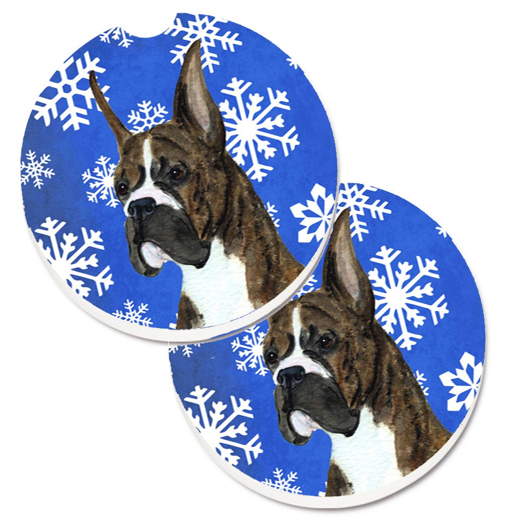 Boxer Winter Snowflakes Holiday Set of 2 Cup Holder Car Coasters SS4646CARC by Caroline&#39;s Treasures