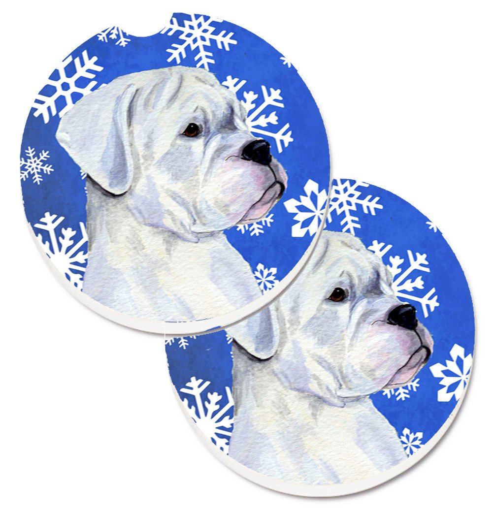 Boxer Winter Snowflakes Holiday Set of 2 Cup Holder Car Coasters SS4647CARC by Caroline&#39;s Treasures