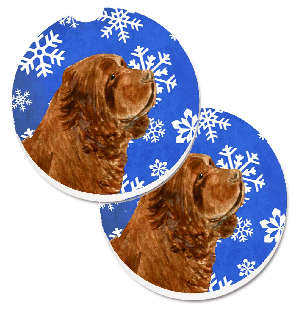 Sussex Spaniel Winter Snowflakes Holiday Set of 2 Cup Holder Car Coasters SS4648CARC by Caroline&#39;s Treasures