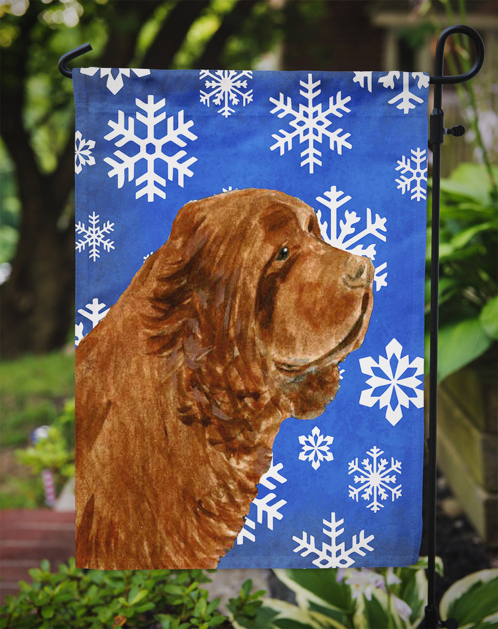 Sussex Spaniel Winter Snowflakes Holiday Flag Garden Size.