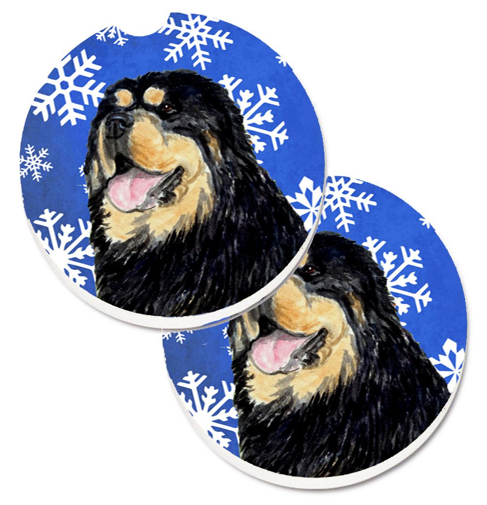 Tibetan Mastiff Winter Snowflakes Holiday Set of 2 Cup Holder Car Coasters SS4650CARC by Caroline&#39;s Treasures