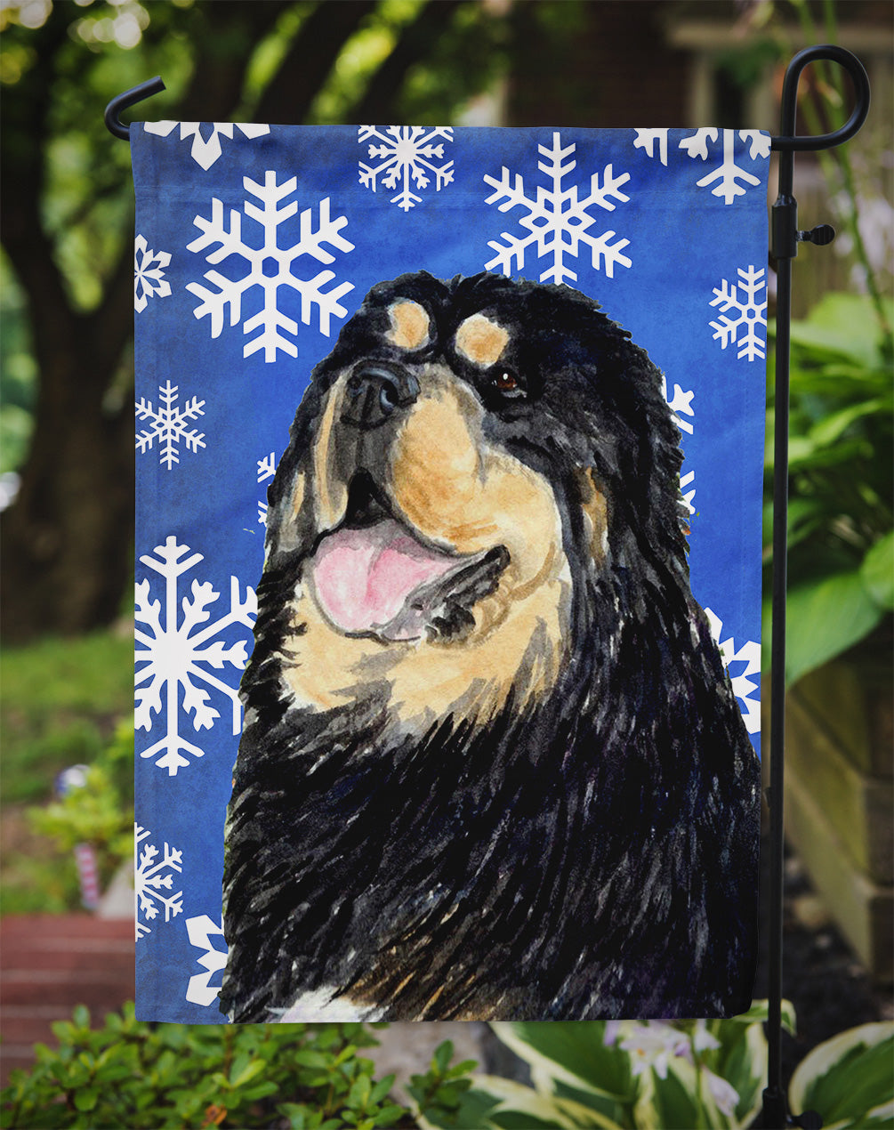 Tibetan Mastiff Winter Snowflakes Holiday Flag Garden Size.