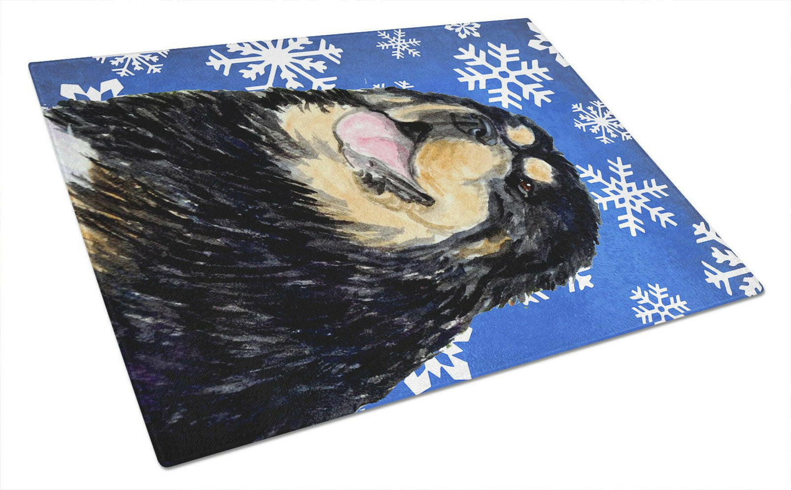 Tibetan Mastiff Winter Snowflakes Holiday Glass Cutting Board Large by Caroline's Treasures