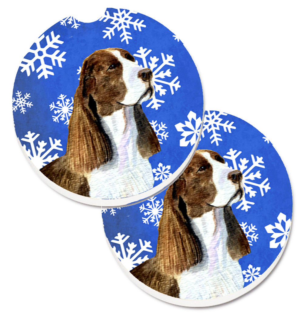 Springer Spaniel Winter Snowflakes Holiday Set of 2 Cup Holder Car Coasters SS4651CARC by Caroline&#39;s Treasures